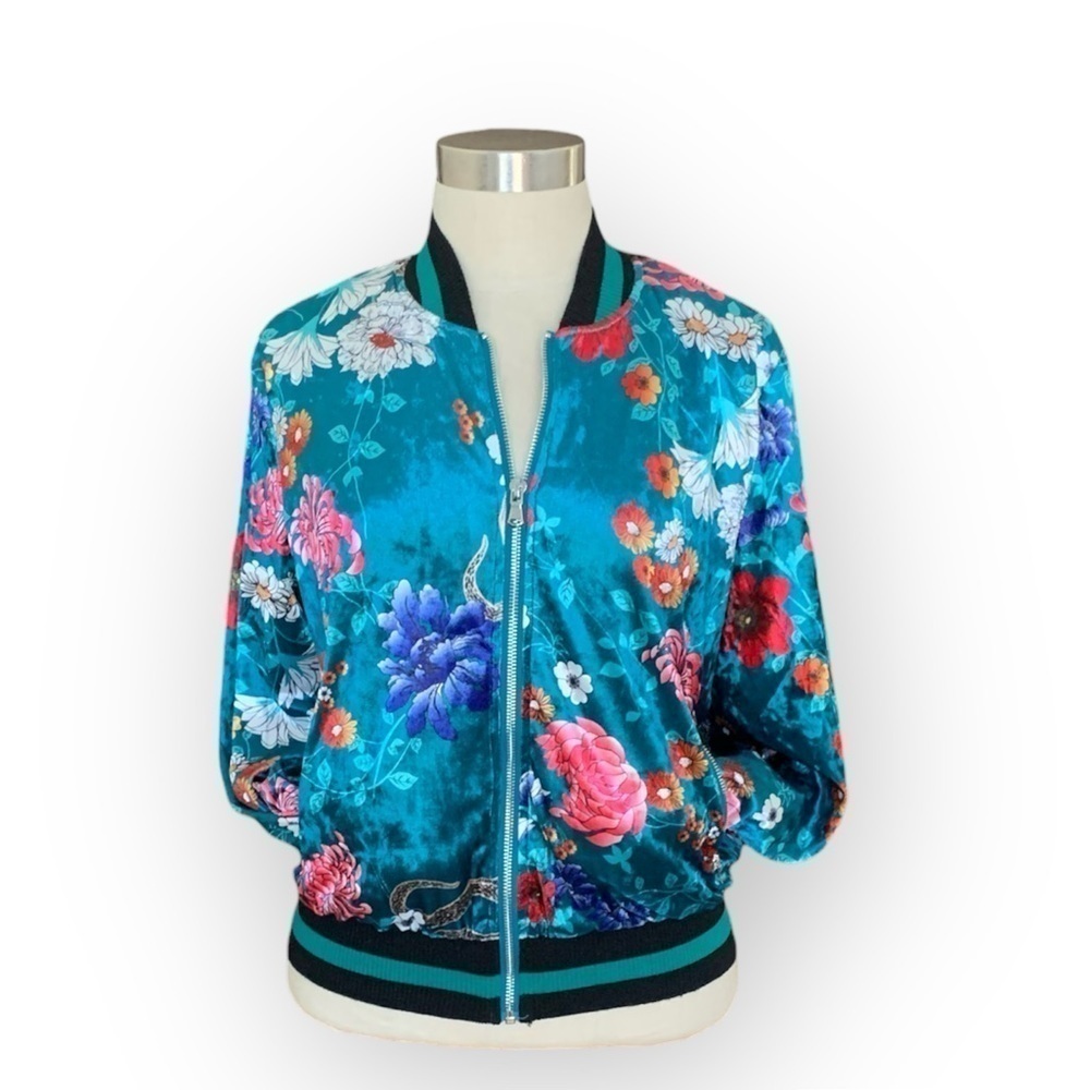 Teal Floral Satin Bomber Jacket - Women's Lightweight Jacket
